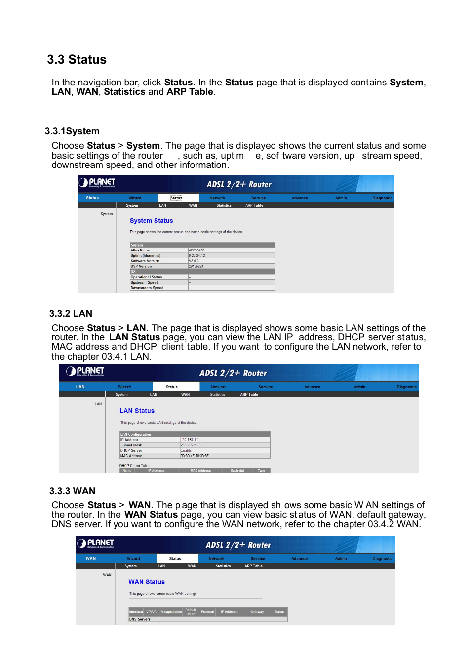 3 status, 1system, 2 lan | 3 wan | PLANET ADE-3400 User Manual | Page 24 / 61