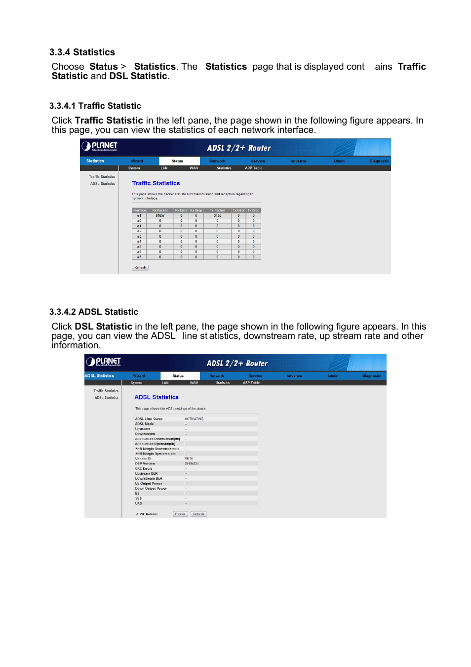 4 statistics, 1 traffic statistic, 2 adsl statistic | PLANET ADE-3400 User Manual | Page 25 / 61