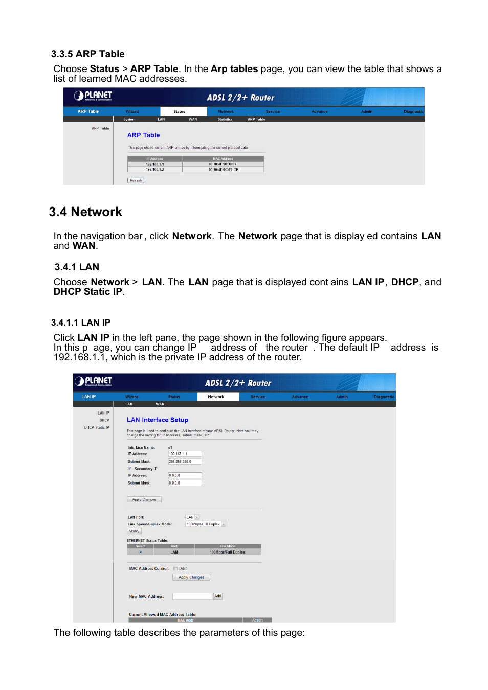 5 arp table, 4 network, 1 lan | 1 lan ip | PLANET ADE-3400 User Manual | Page 26 / 61