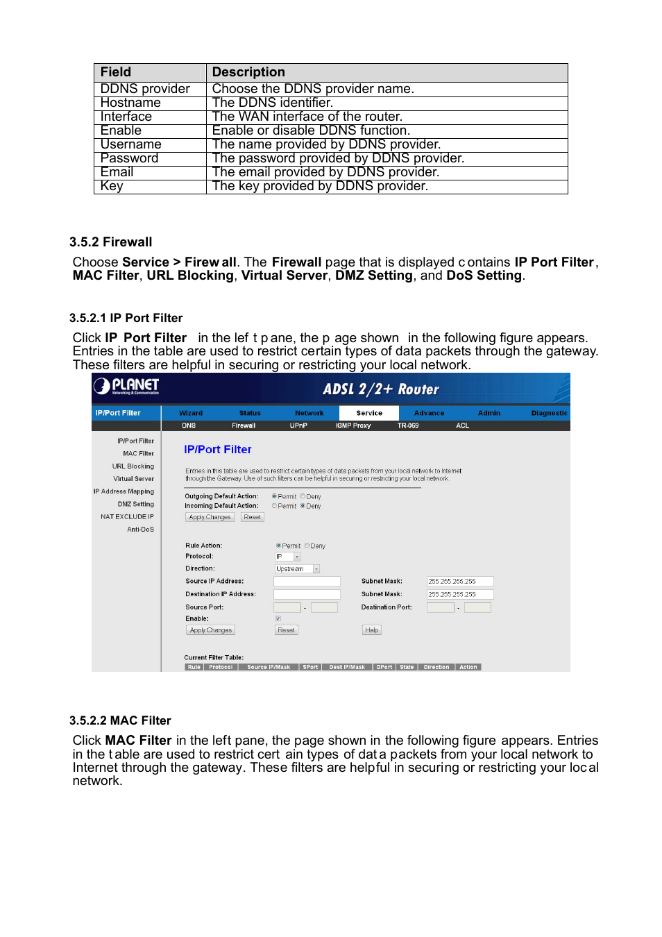 2 firewall, 1 ip port filter, 2 mac filter | PLANET ADE-3400 User Manual | Page 36 / 61