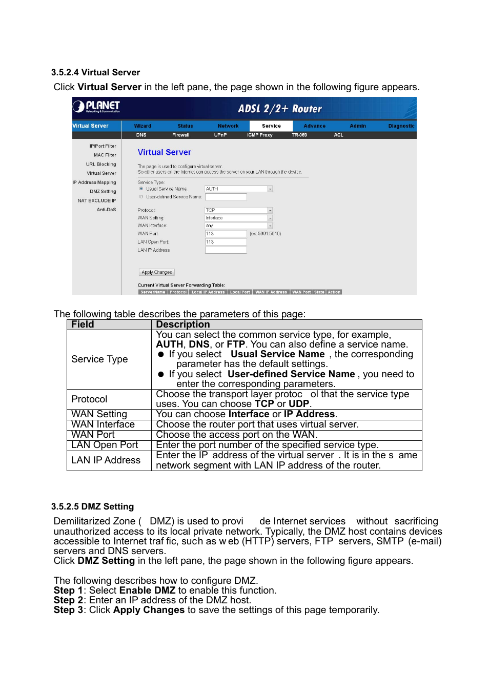 4 virtual server, 5 dmz setting | PLANET ADE-3400 User Manual | Page 38 / 61