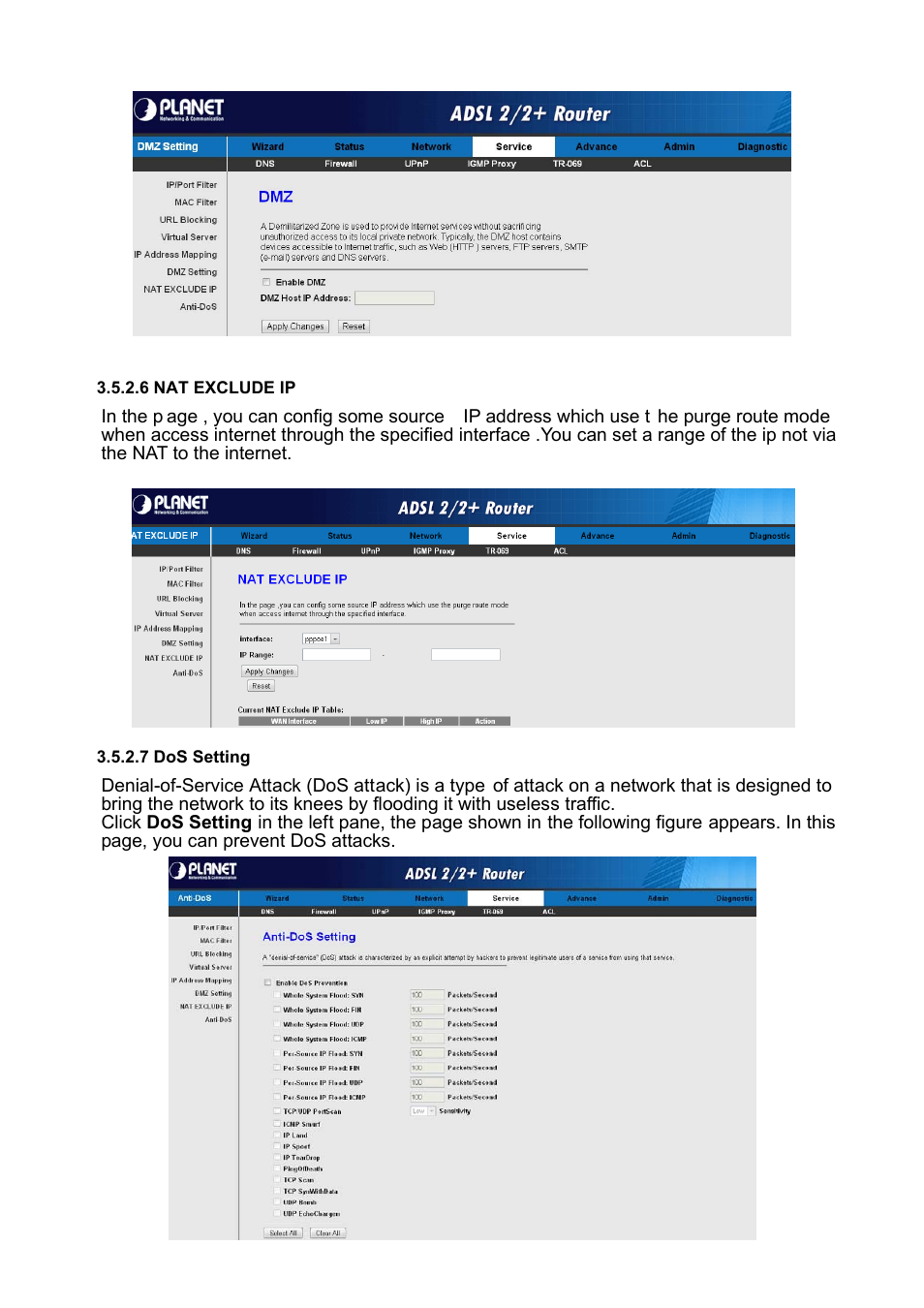 6 nat exclude ip, 7 dos setting | PLANET ADE-3400 User Manual | Page 39 / 61