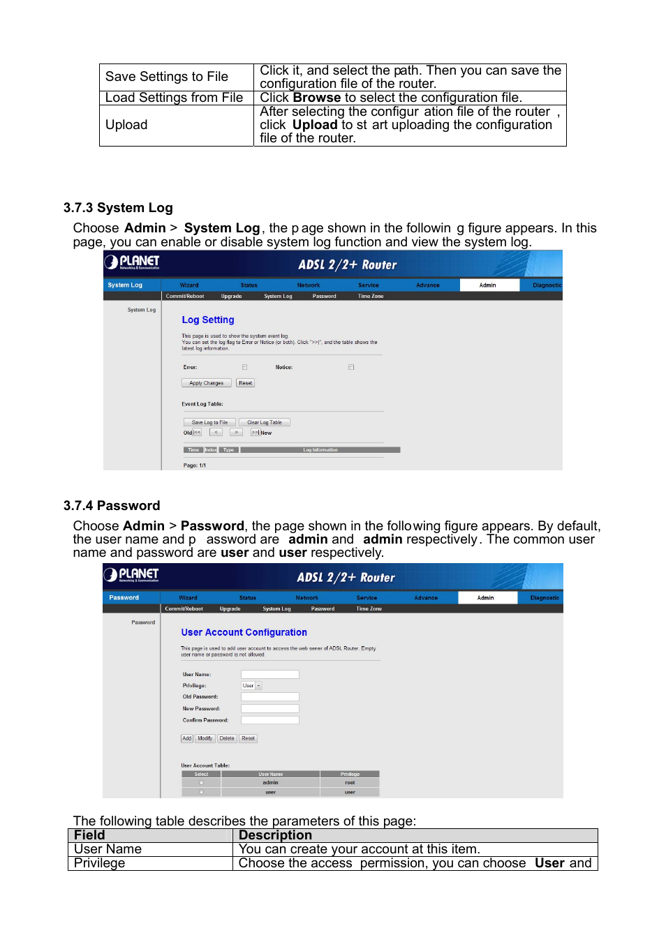 3 system log, 4 password | PLANET ADE-3400 User Manual | Page 50 / 61