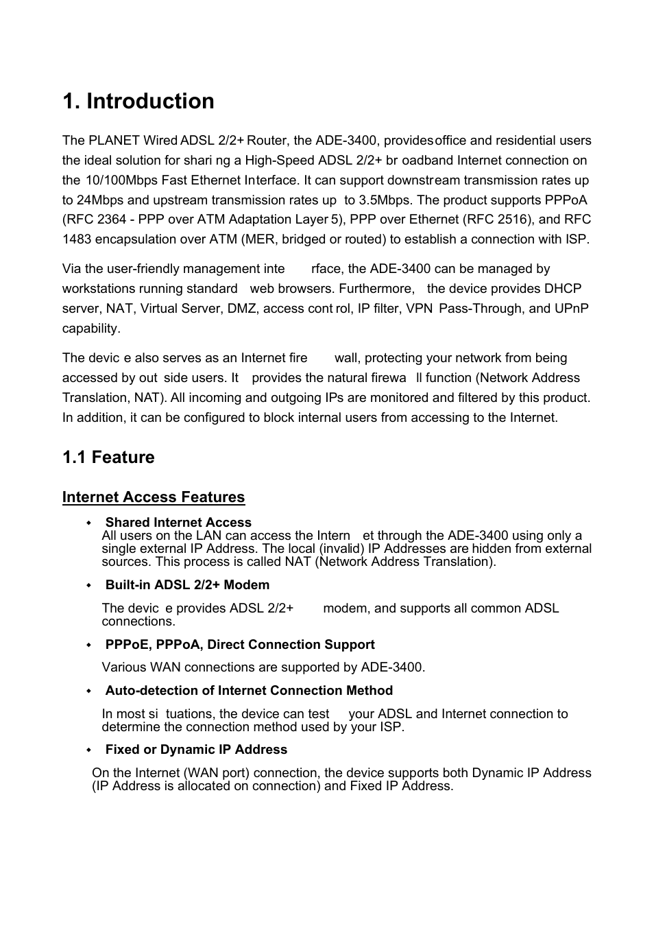 Introduction, 1 feature | PLANET ADE-3400 User Manual | Page 6 / 61