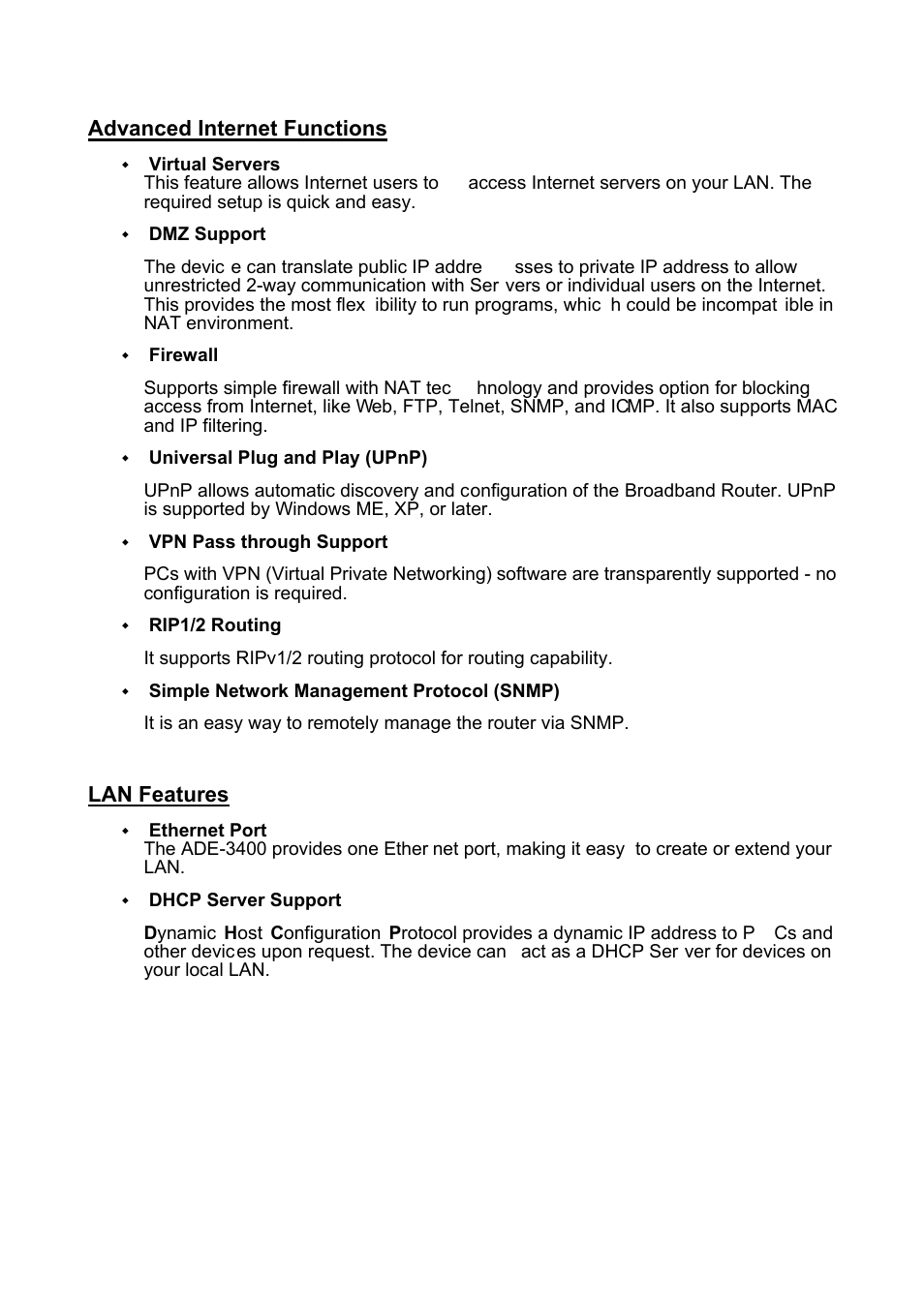 Advanced internet functions, Lan features | PLANET ADE-3400 User Manual | Page 7 / 61