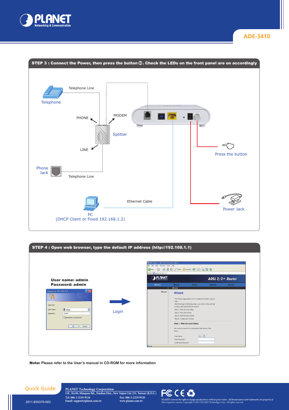 Ade-3410, Quick guide | PLANET ADE-3410 User Manual | Page 2 / 2