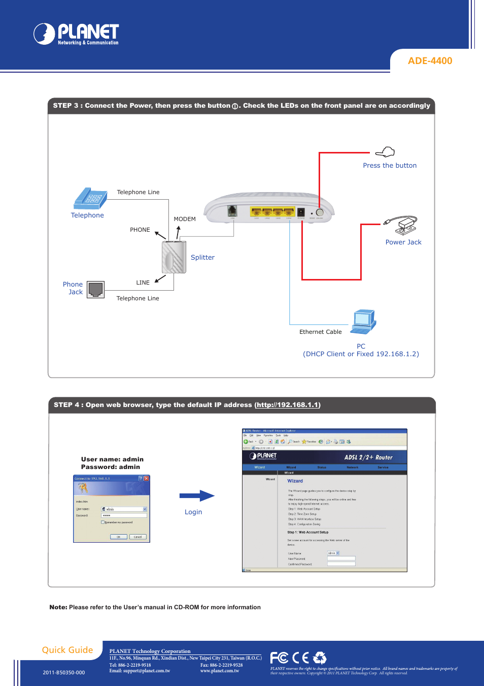 Ade-4400, Quick guide | PLANET ADE-4400 User Manual | Page 2 / 2
