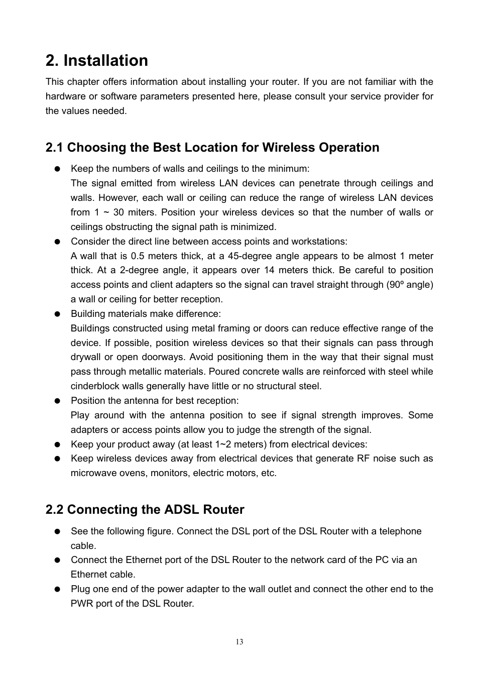Installation, 2 connecting the adsl router | PLANET ADN-4000 User Manual | Page 13 / 118