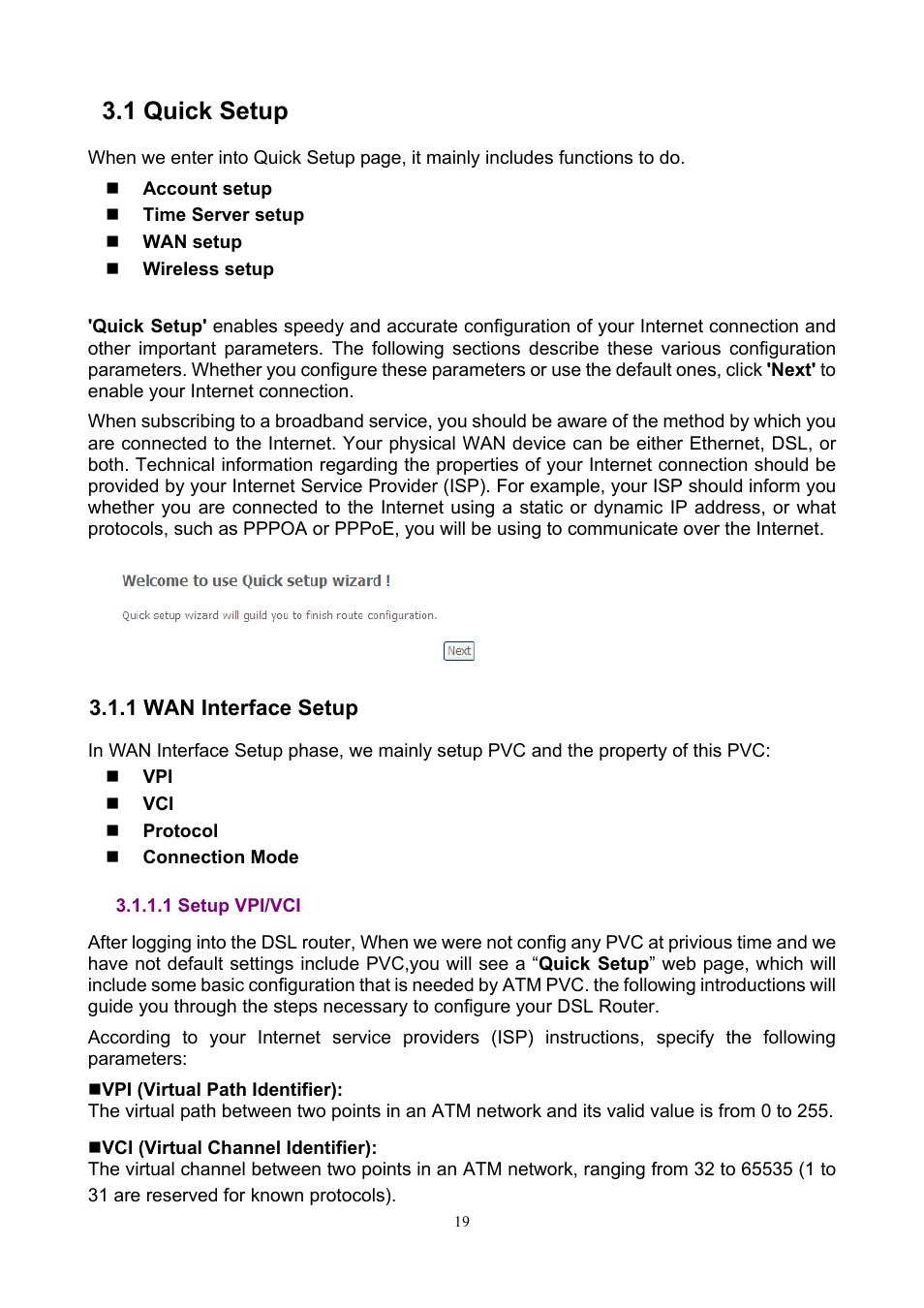 1 quick setup, 1 wan interface setup, 1 setup vpi/vci | PLANET ADN-4000 User Manual | Page 19 / 118