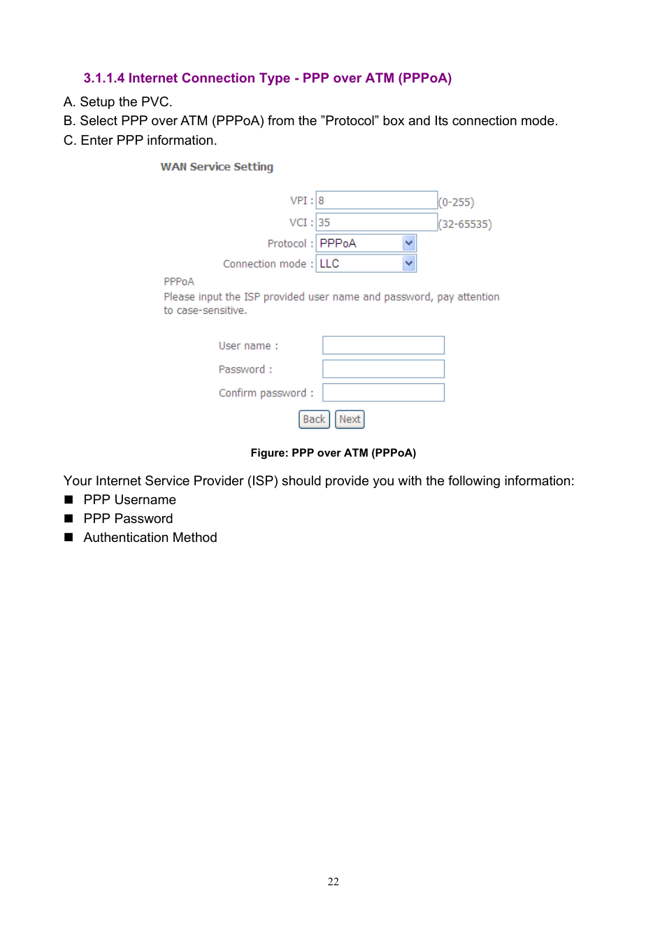 4 internet connection type - ppp over atm (pppoa) | PLANET ADN-4000 User Manual | Page 22 / 118