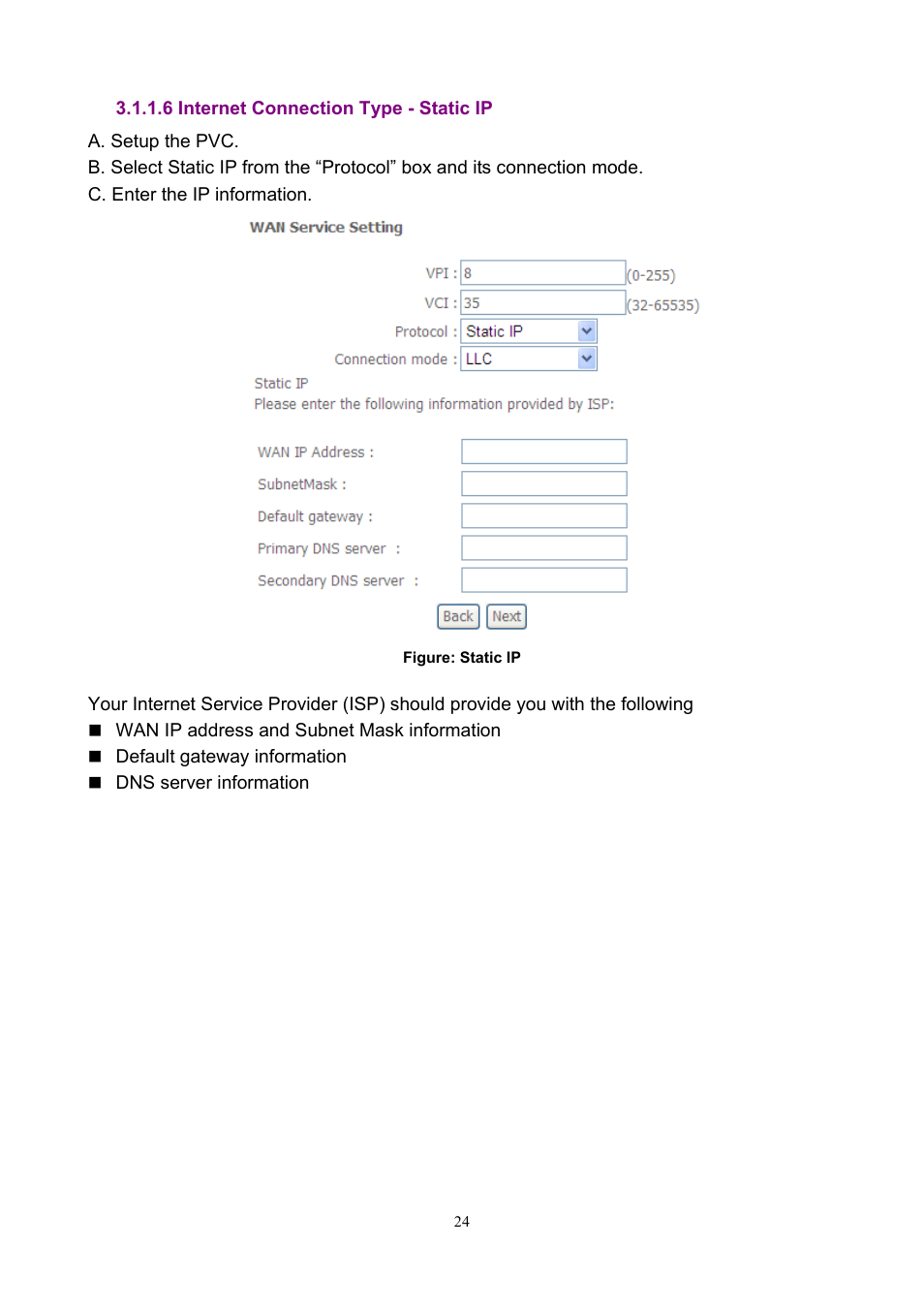 6 internet connection type - static ip | PLANET ADN-4000 User Manual | Page 24 / 118