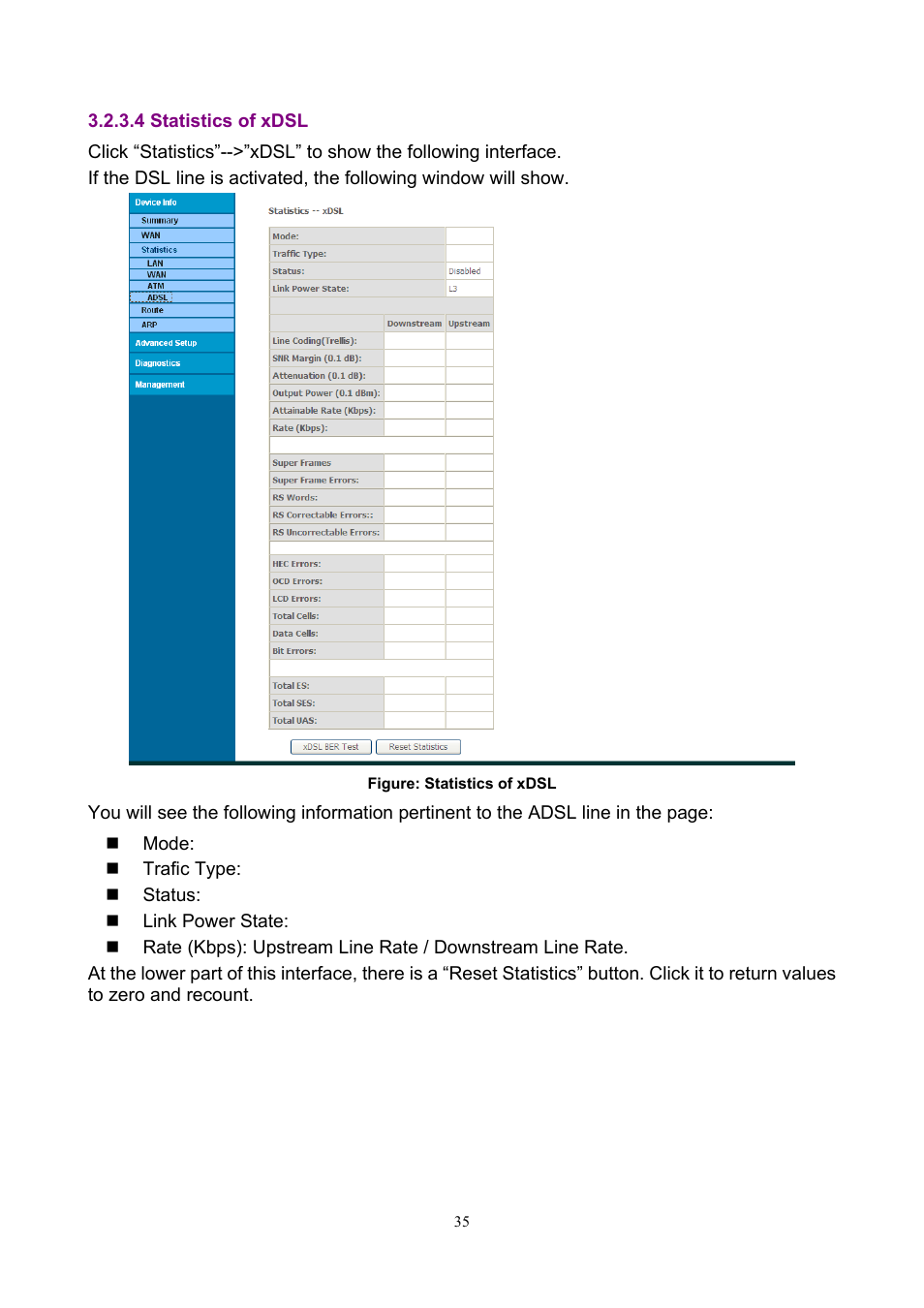 4 statistics of xdsl | PLANET ADN-4000 User Manual | Page 35 / 118