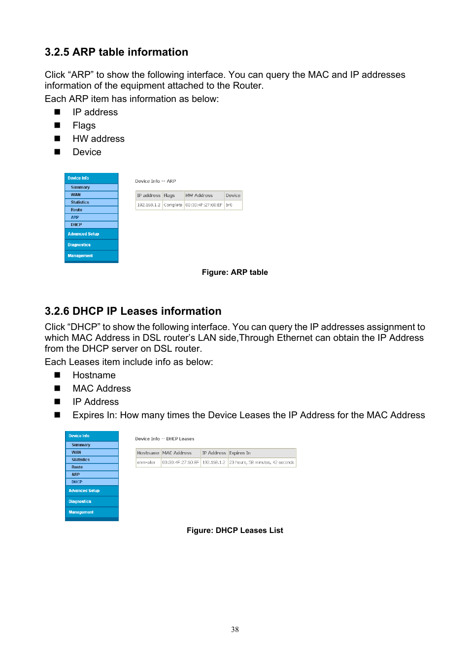 5 arp table information, 6 dhcp ip leases information | PLANET ADN-4000 User Manual | Page 38 / 118