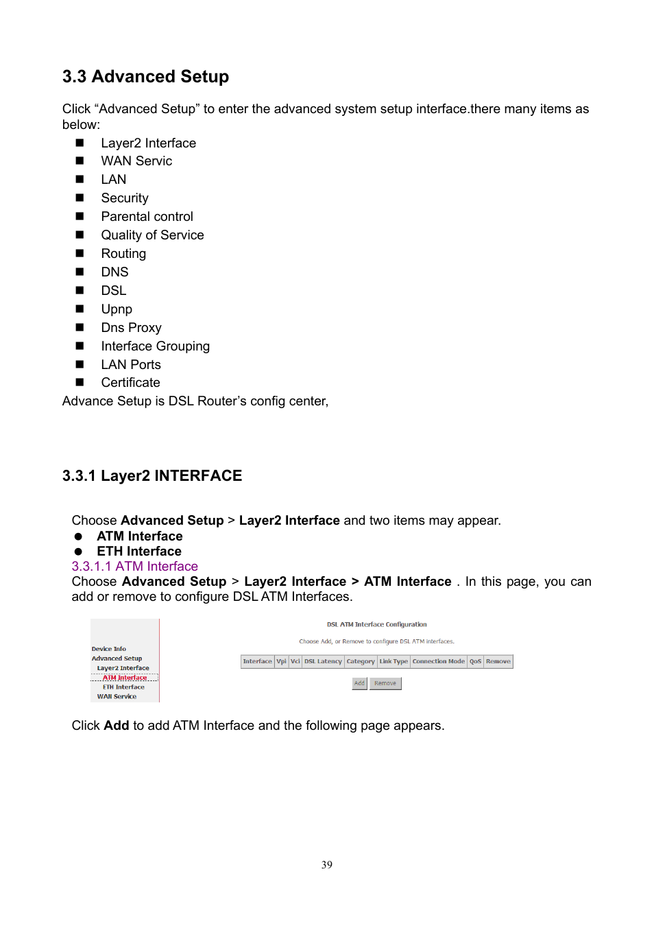 3 advanced setup, 1 layer2 interface, 1 atm interface | PLANET ADN-4000 User Manual | Page 39 / 118