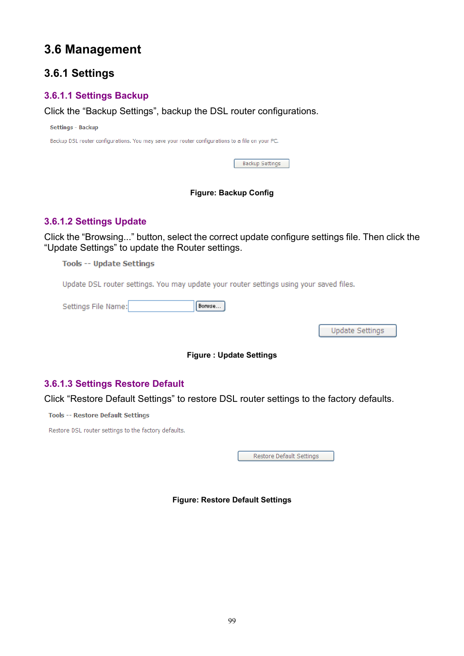 6 management, 1 settings, 1 settings backup | 2 settings update, 3 settings restore default | PLANET ADN-4000 User Manual | Page 99 / 118