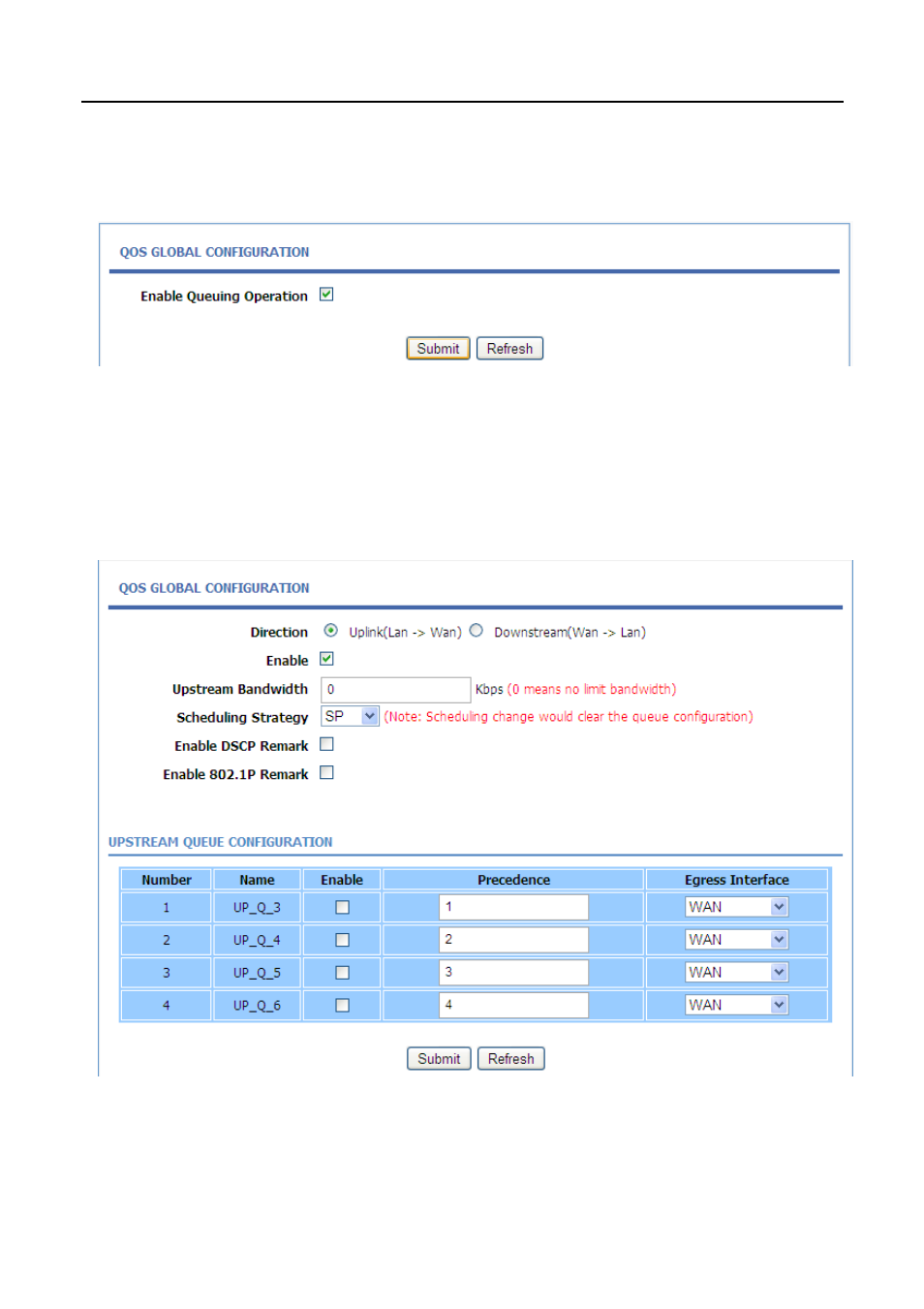 1 qos global option, 2 queue configuration, Qos global option | Queue configuration | PLANET ADN-4100 User Manual | Page 67 / 115