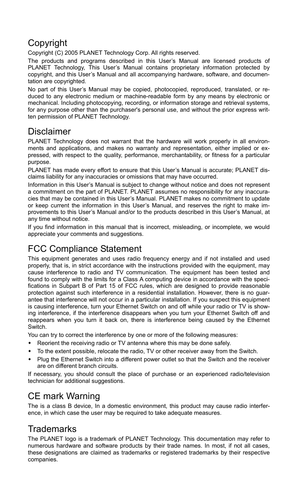 Copyright, Disclaimer, Fcc compliance statement | Ce mark warning, Trademarks | PLANET ADU-2110A User Manual | Page 2 / 37