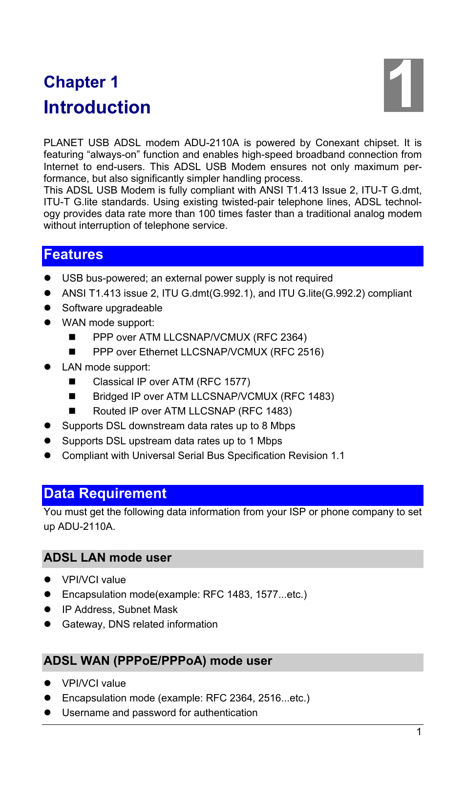 Chapter 1 introduction, Features, Data requirement | Adsl lan mode user, Adsl wan (pppoe/pppoa) mode user, Eatures, Equirement, Introduction, Chapter 1 | PLANET ADU-2110A User Manual | Page 5 / 37