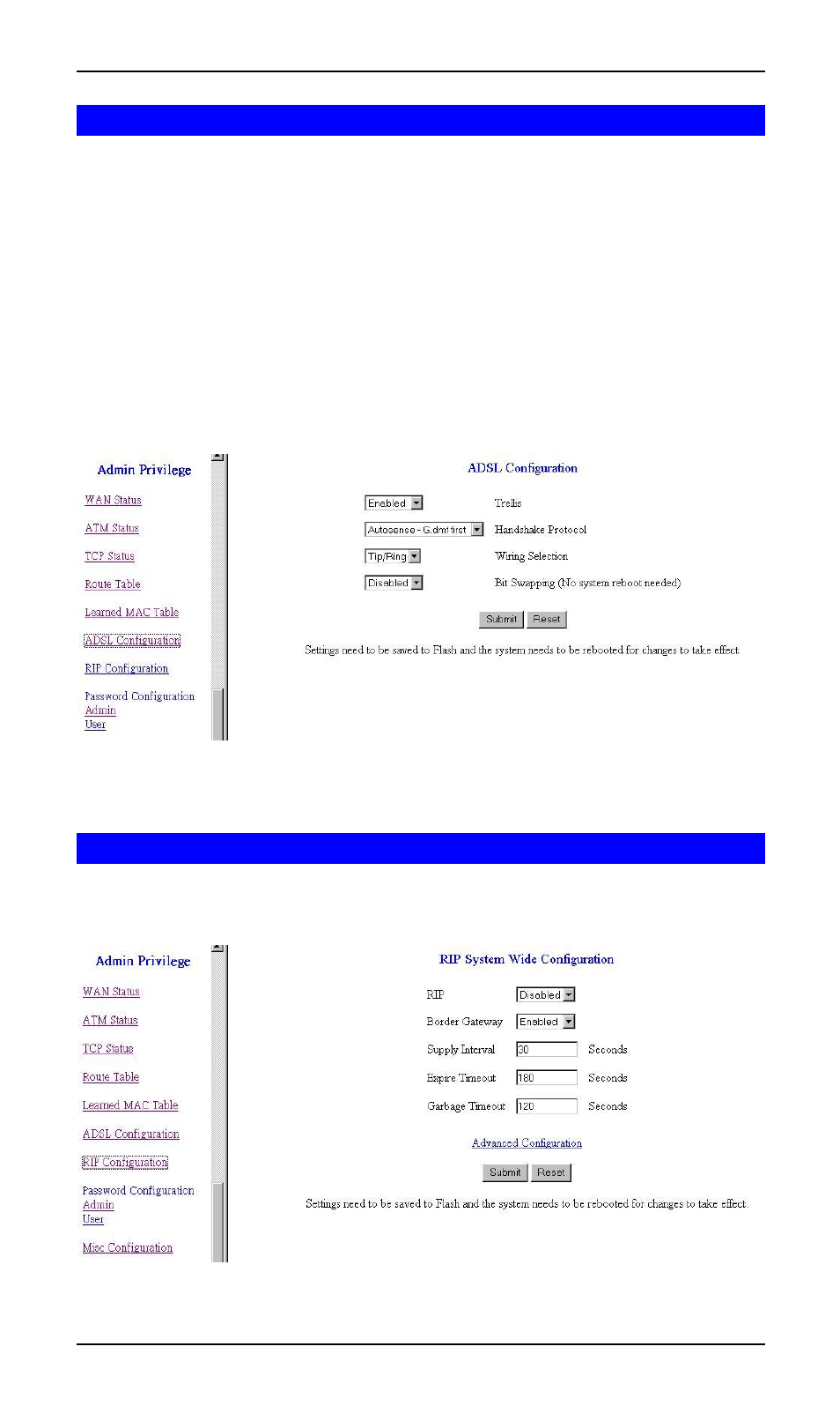 Adsl configuration, Rip configuration | PLANET ADW-4100 User Manual | Page 48 / 57