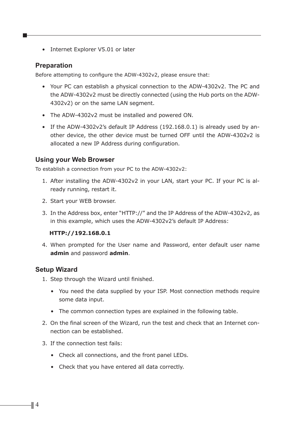 Preparation, Using your web browser, Setup wizard | PLANET ADW-4302 User Manual | Page 4 / 8