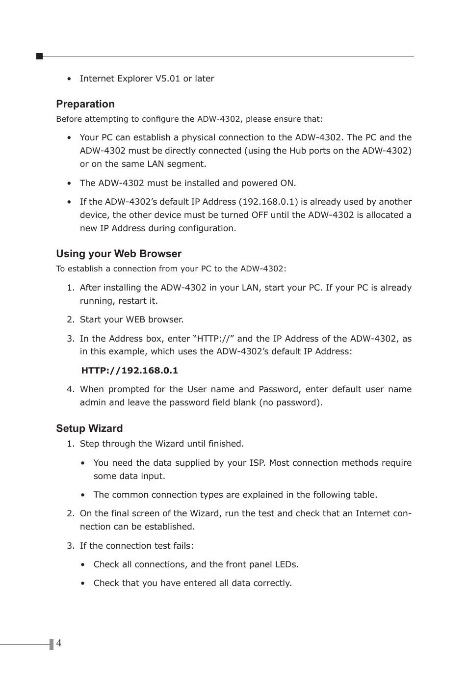Preparation, Using your web browser, Setup wizard | PLANET ADW-4302 User Manual | Page 4 / 6