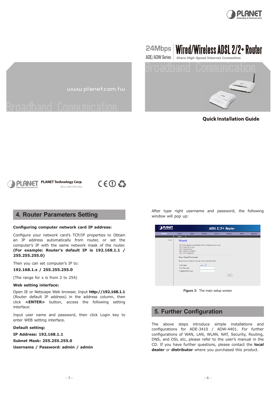 Router parameters setting, Further configuration | PLANET ADW-4401 User Manual | Page 2 / 2