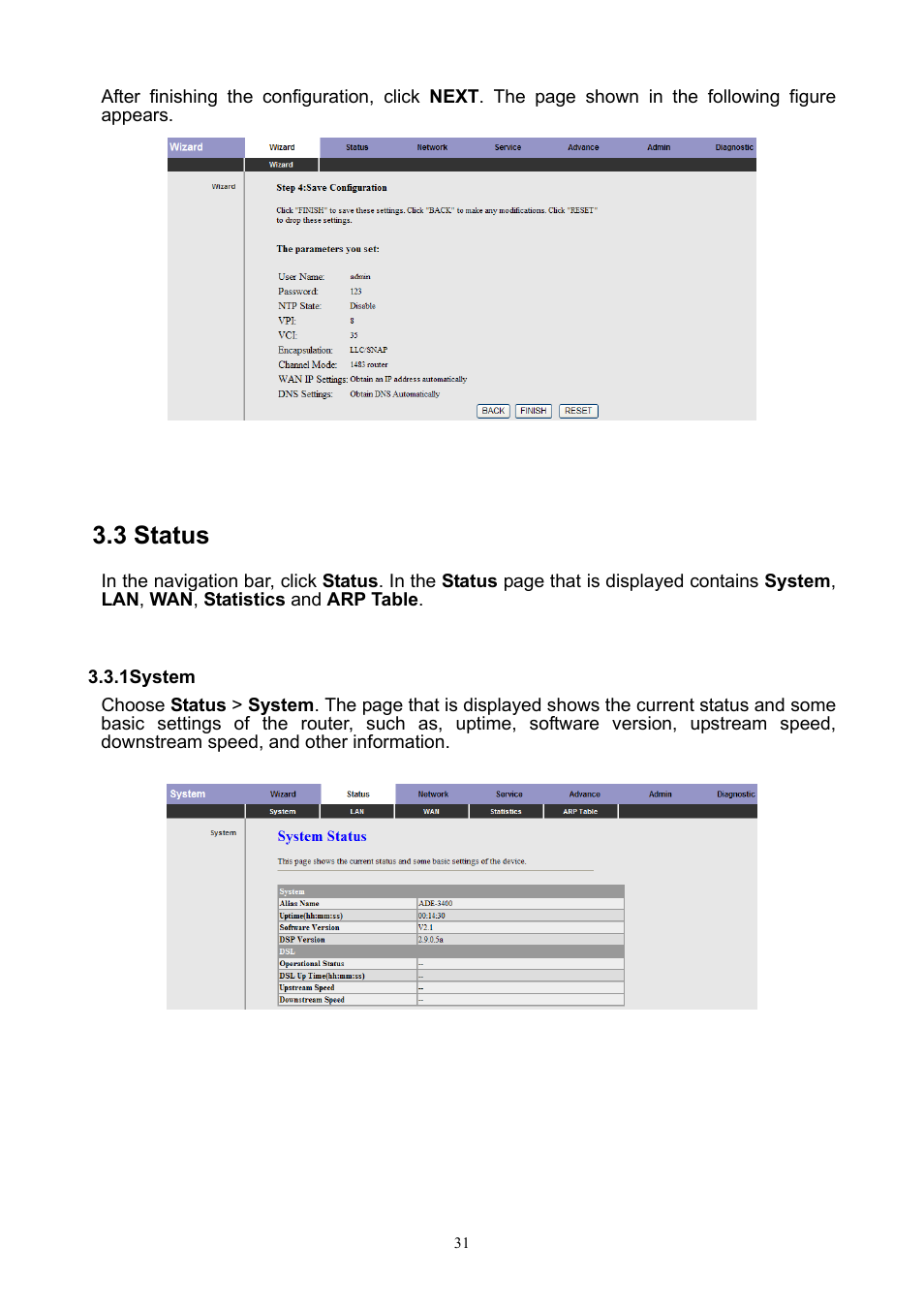 3 status, 1system | PLANET ADW-4401 User Manual | Page 31 / 84