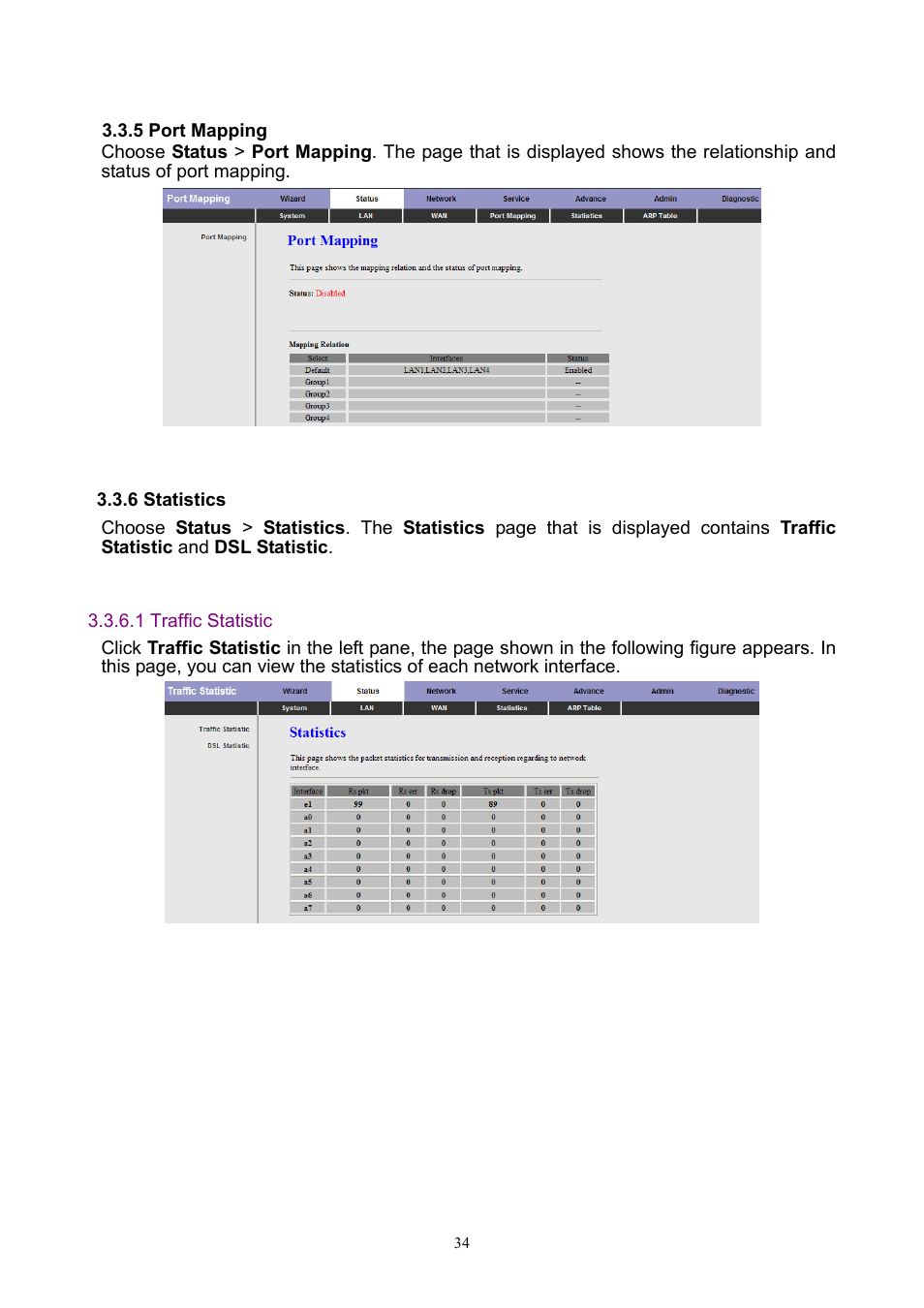 5 port mapping, 6 statistics, 1 traffic statistic | PLANET ADW-4401 User Manual | Page 34 / 84