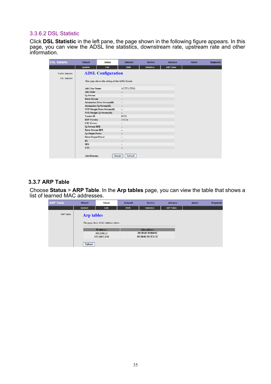 7 arp table, 2 dsl statistic | PLANET ADW-4401 User Manual | Page 35 / 84