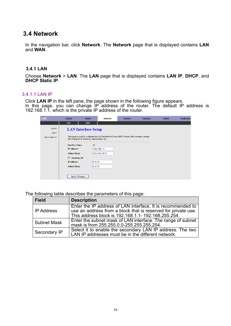 4 network, 1 lan, 1 lan ip | PLANET ADW-4401 User Manual | Page 36 / 84