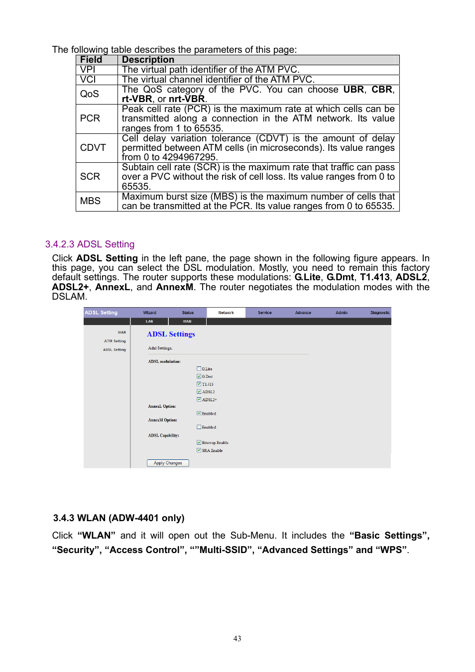 3 wlan (adw-4401 only), 3 adsl setting | PLANET ADW-4401 User Manual | Page 43 / 84