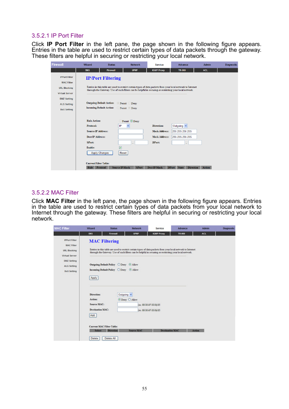 1 ip port filter, 2 mac filter | PLANET ADW-4401 User Manual | Page 55 / 84