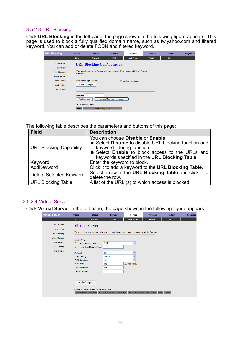 3 url blocking, 4 virtual server | PLANET ADW-4401 User Manual | Page 56 / 84