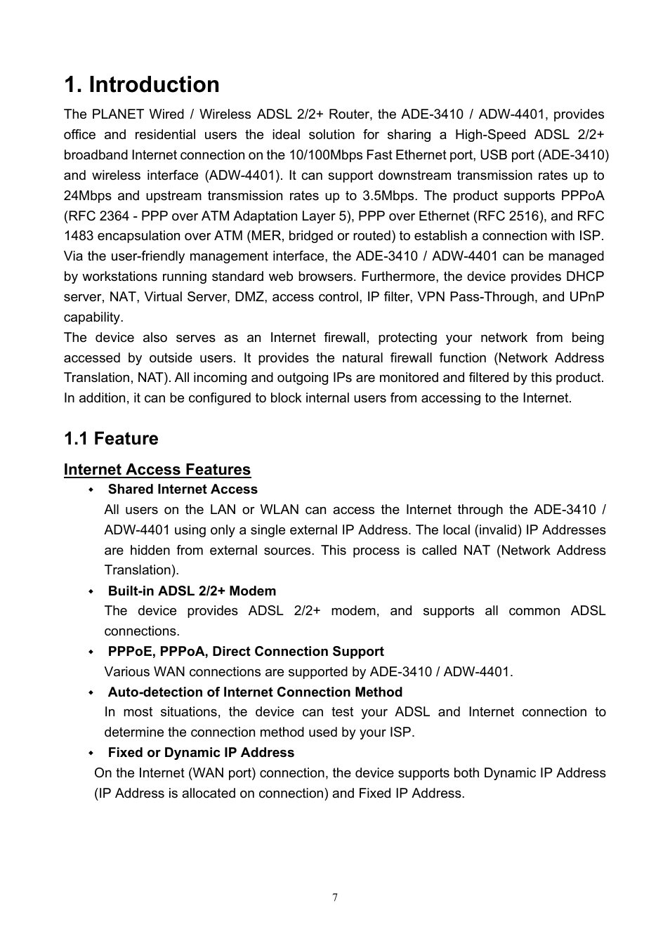 Introduction, 1 feature | PLANET ADW-4401 User Manual | Page 7 / 84