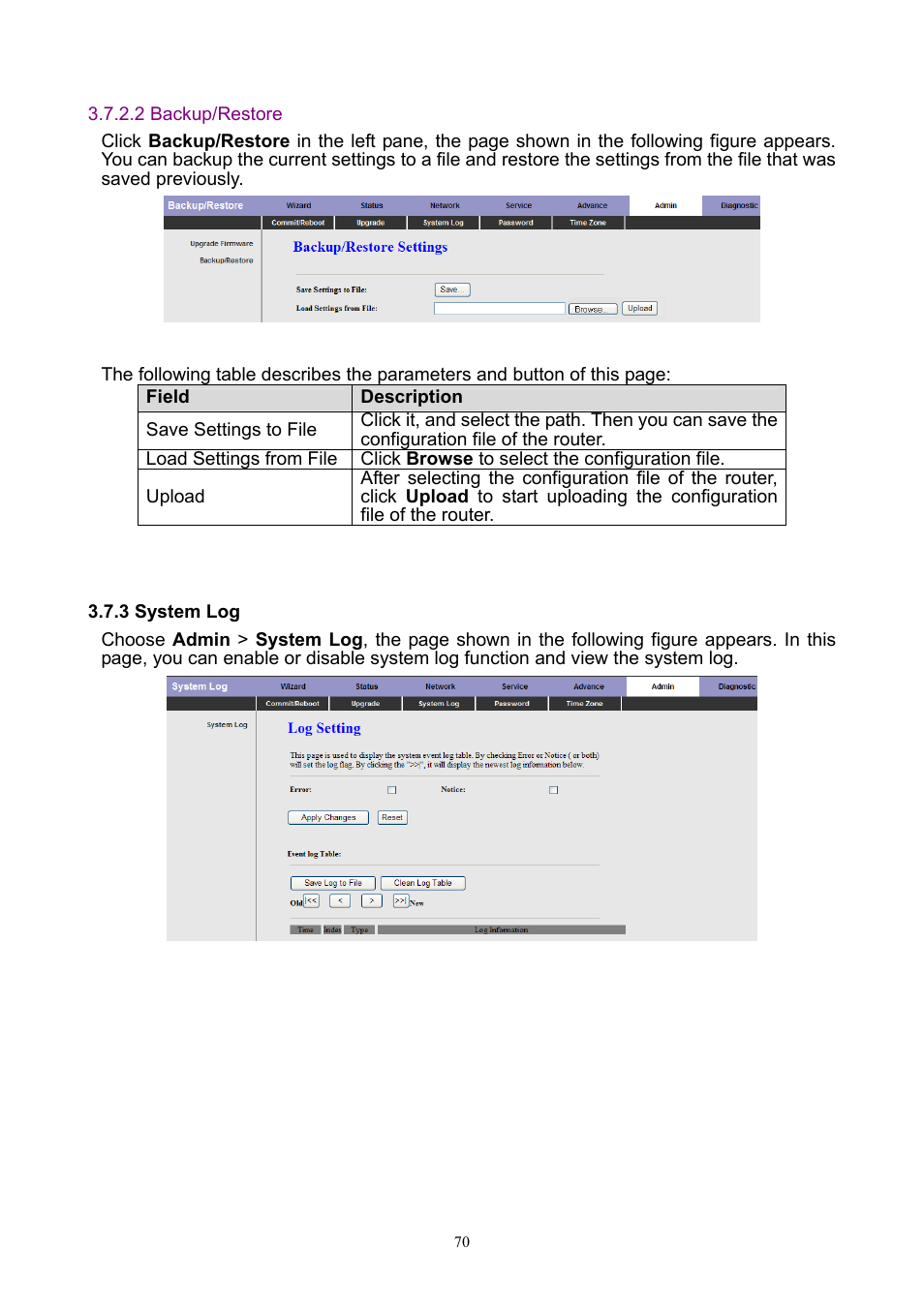 3 system log, 2 backup/restore | PLANET ADW-4401 User Manual | Page 70 / 84