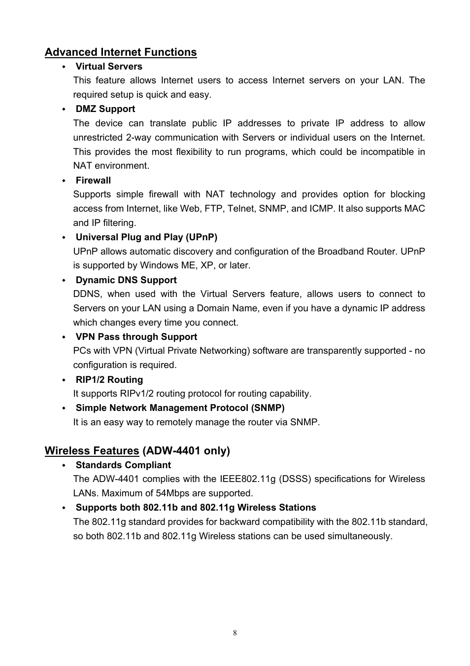 Advanced internet functions, Wireless features (adw-4401 only) | PLANET ADW-4401 User Manual | Page 8 / 84