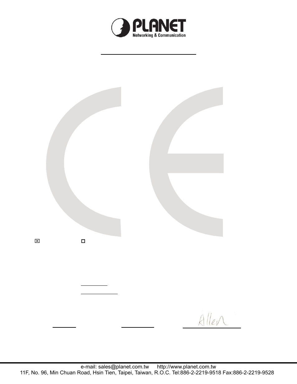 Planet technology corporation, Ec declaration of conformity | PLANET ADW-4401 User Manual | Page 84 / 84
