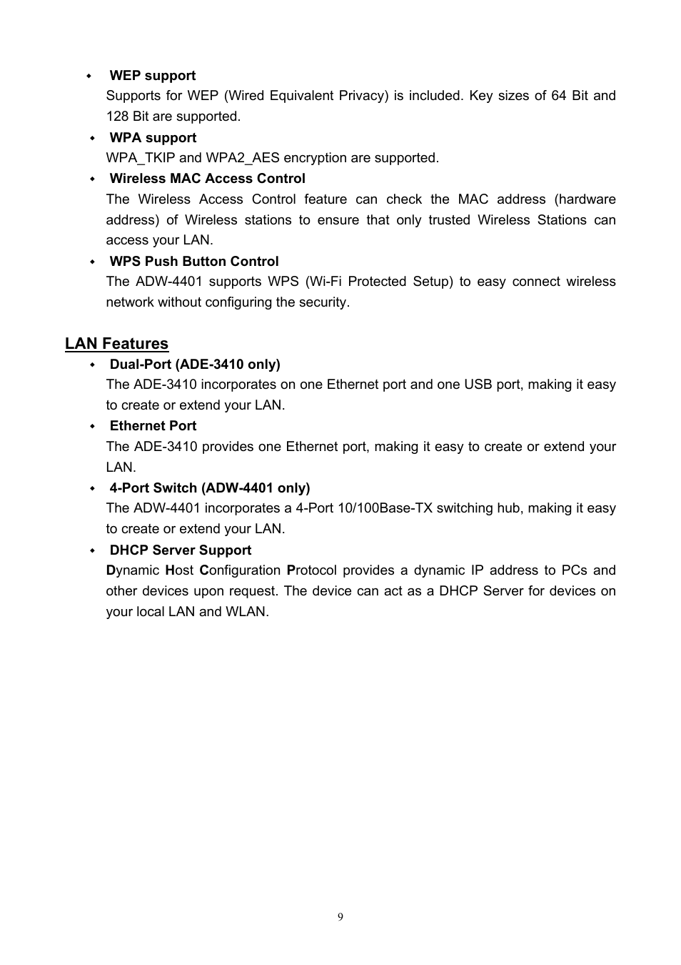 Lan features | PLANET ADW-4401 User Manual | Page 9 / 84