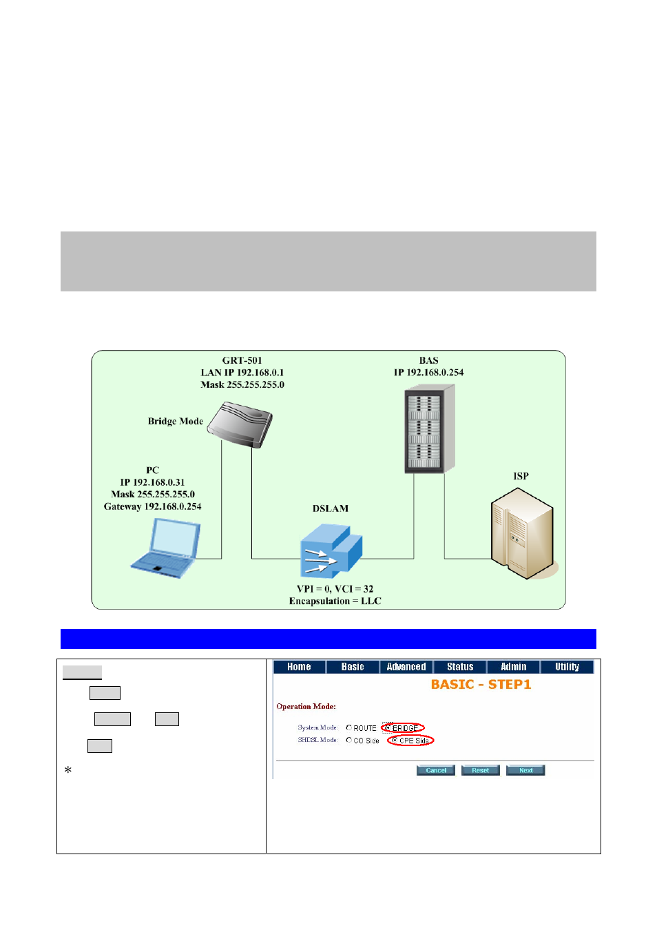 Chapter 4 configuration by web browser, 1 basic setting, 1 bridge mode | Asic, Etting | PLANET GRT-501 User Manual | Page 14 / 51