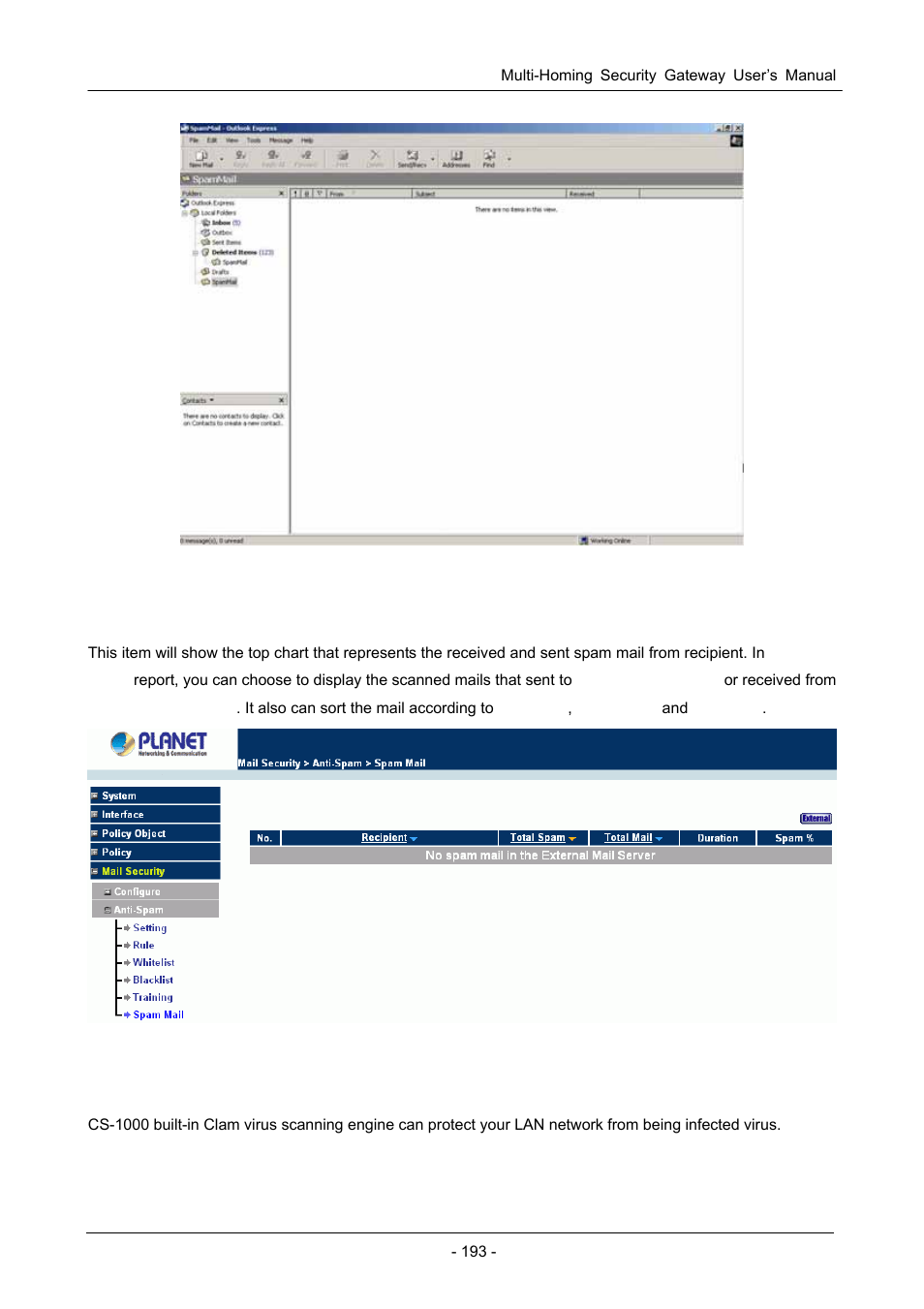 6 spam mail, 3 anti-virus, 1 setting | PLANET CS-1000 User Manual | Page 199 / 226