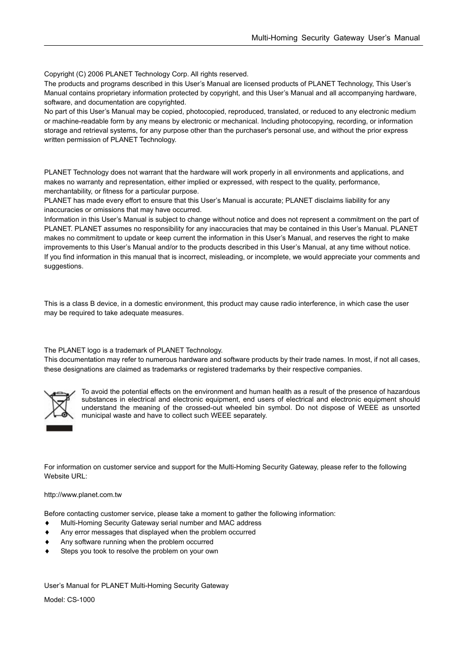 Copyright, Disclaimer, Ce mark warning | Trademarks, Customer service, Revision | PLANET CS-1000 User Manual | Page 2 / 226