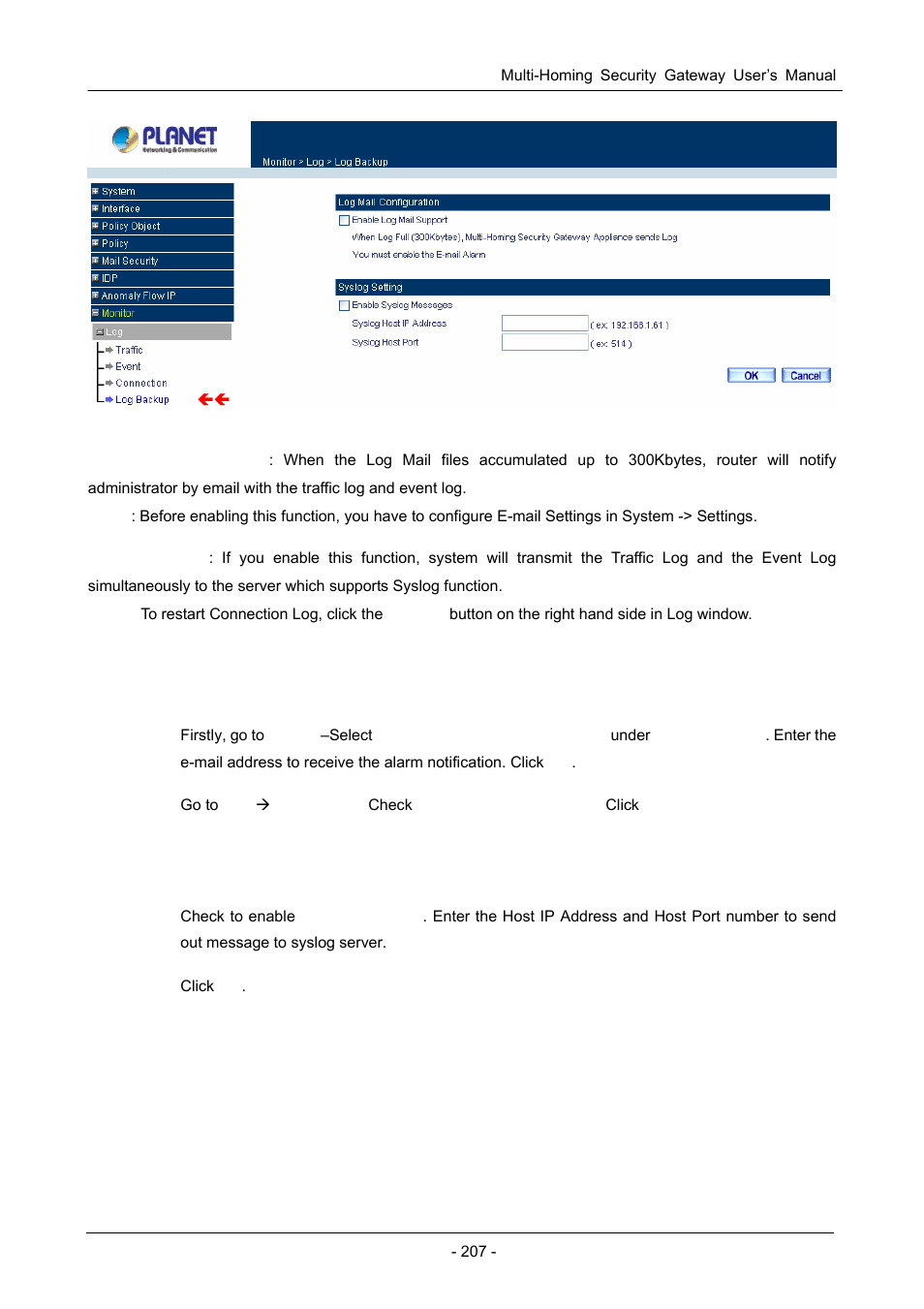 Log mail configuration /enable log mail support, Syslog settings/enable syslog message | PLANET CS-1000 User Manual | Page 213 / 226