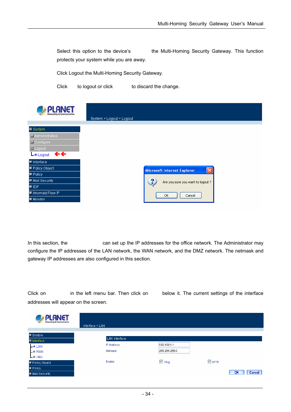 12 logout, 2 interface, 1 lan | Nterface | PLANET CS-1000 User Manual | Page 40 / 226