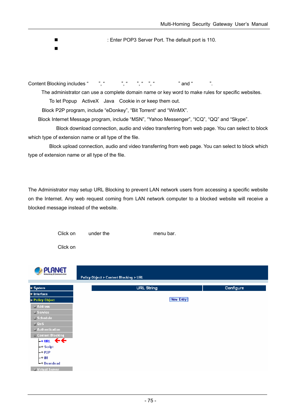 6 content blocking, 1 url blocking | PLANET CS-1000 User Manual | Page 81 / 226