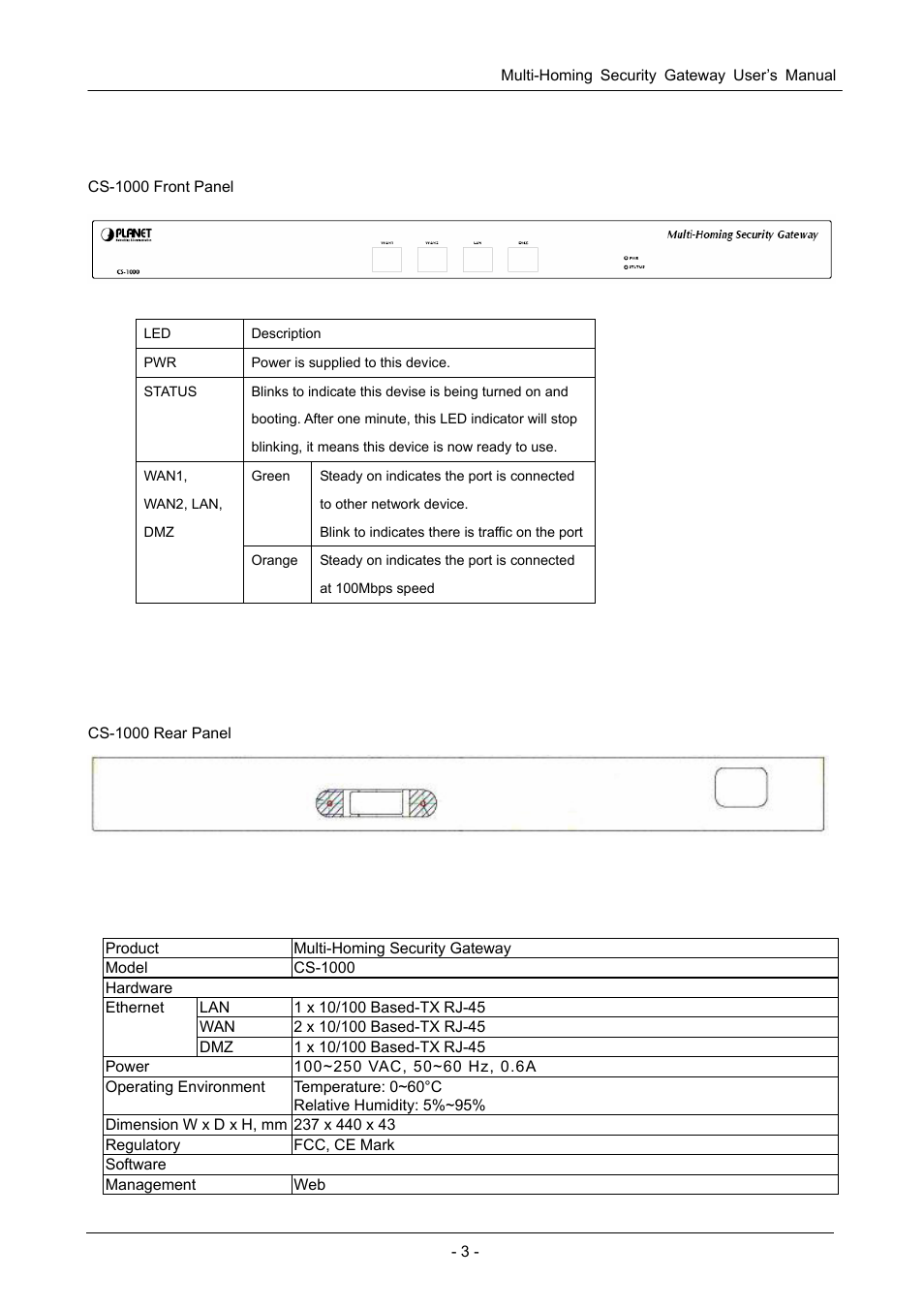3 multi-homing security gateway front view, 4 multi-homing security gateway rear panel, 5 specification | Ulti, Oming, Ecurity, Ateway, Ront, Anel, Pecification | PLANET CS-1000 User Manual | Page 9 / 226