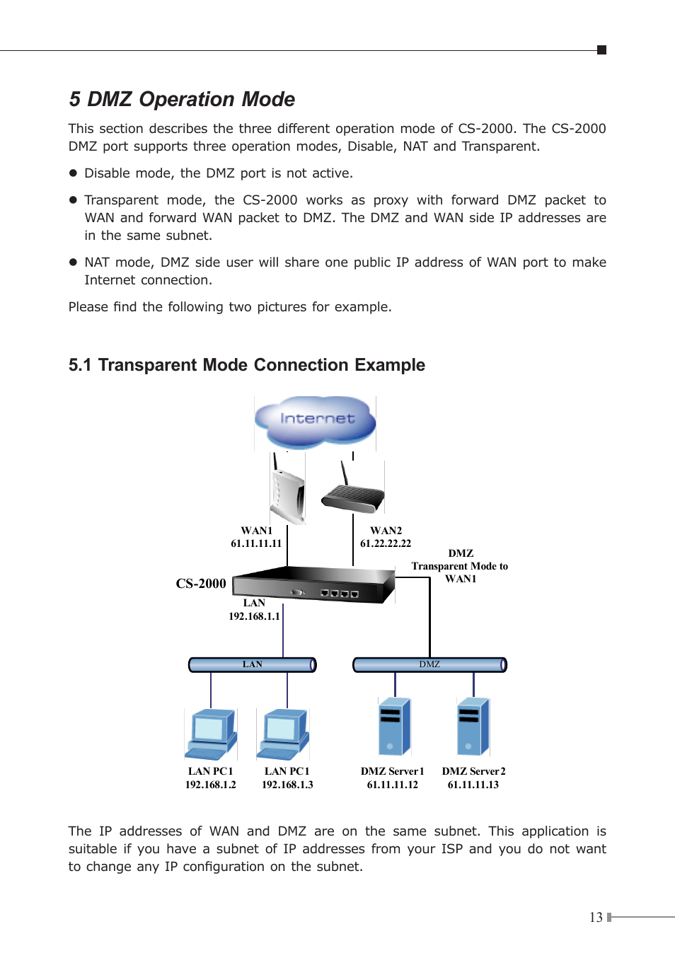 5 dmz operation mode, 1 transparent mode connection example | PLANET CS-2000 User Manual | Page 13 / 16