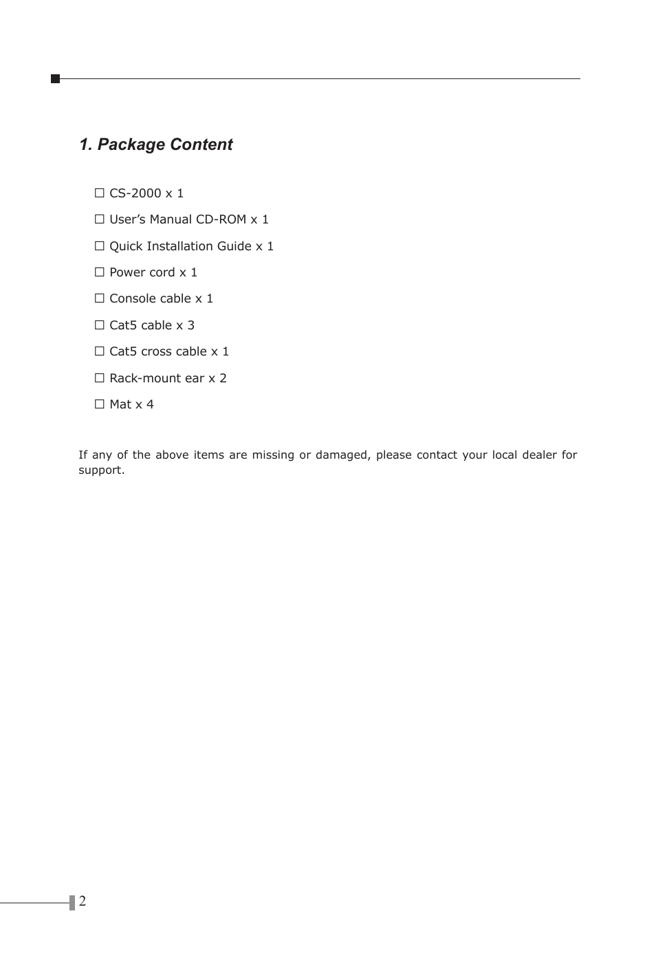 Package content | PLANET CS-2000 User Manual | Page 2 / 13