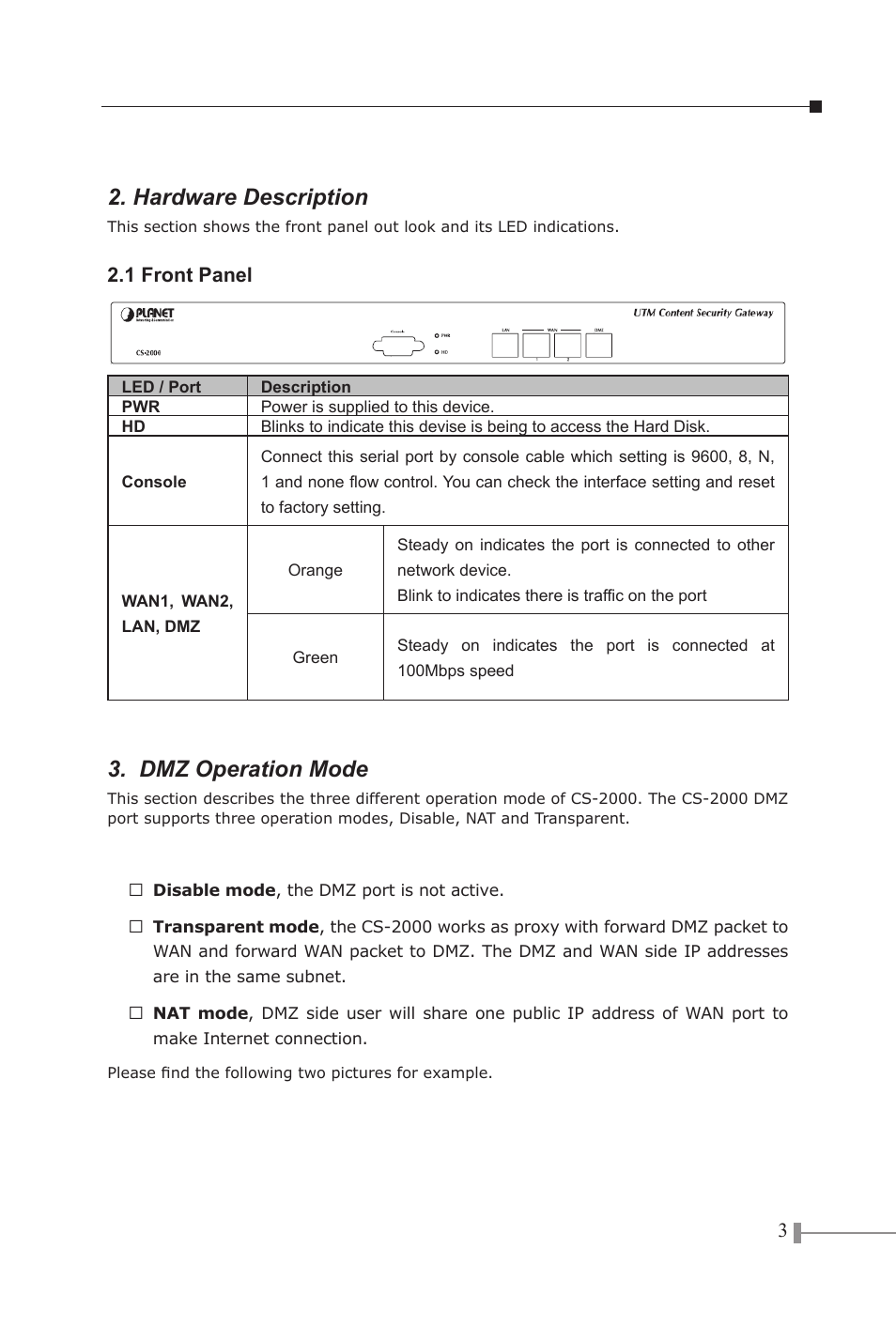 Hardware description, Dmz operation mode | PLANET CS-2000 User Manual | Page 3 / 13