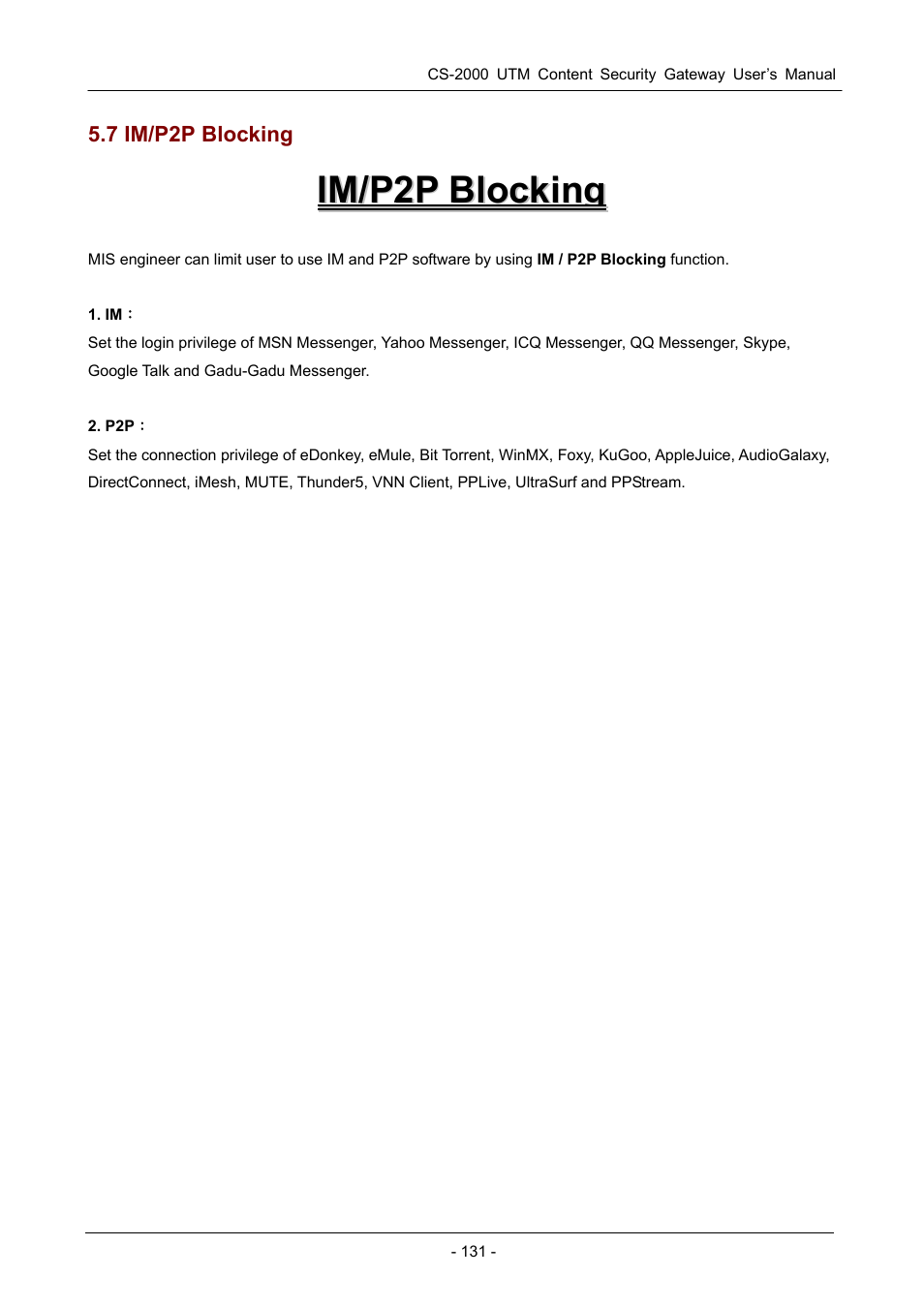 7 im/p2p blocking | PLANET CS-2000 User Manual | Page 137 / 573