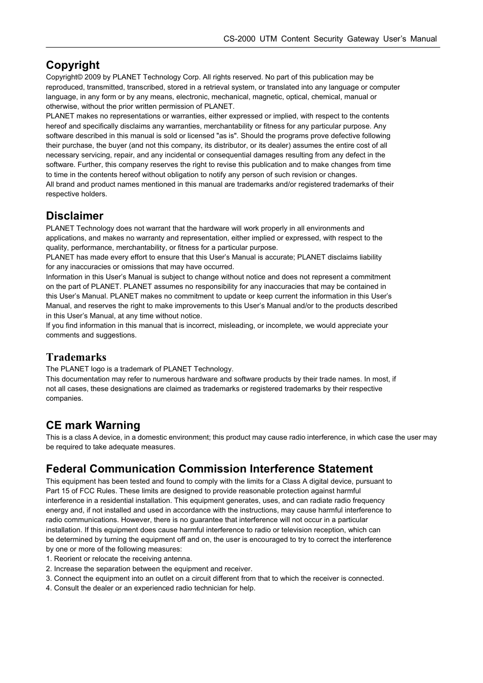 Copyright, Disclaimer, Trademarks | Ce mark warning | PLANET CS-2000 User Manual | Page 2 / 573